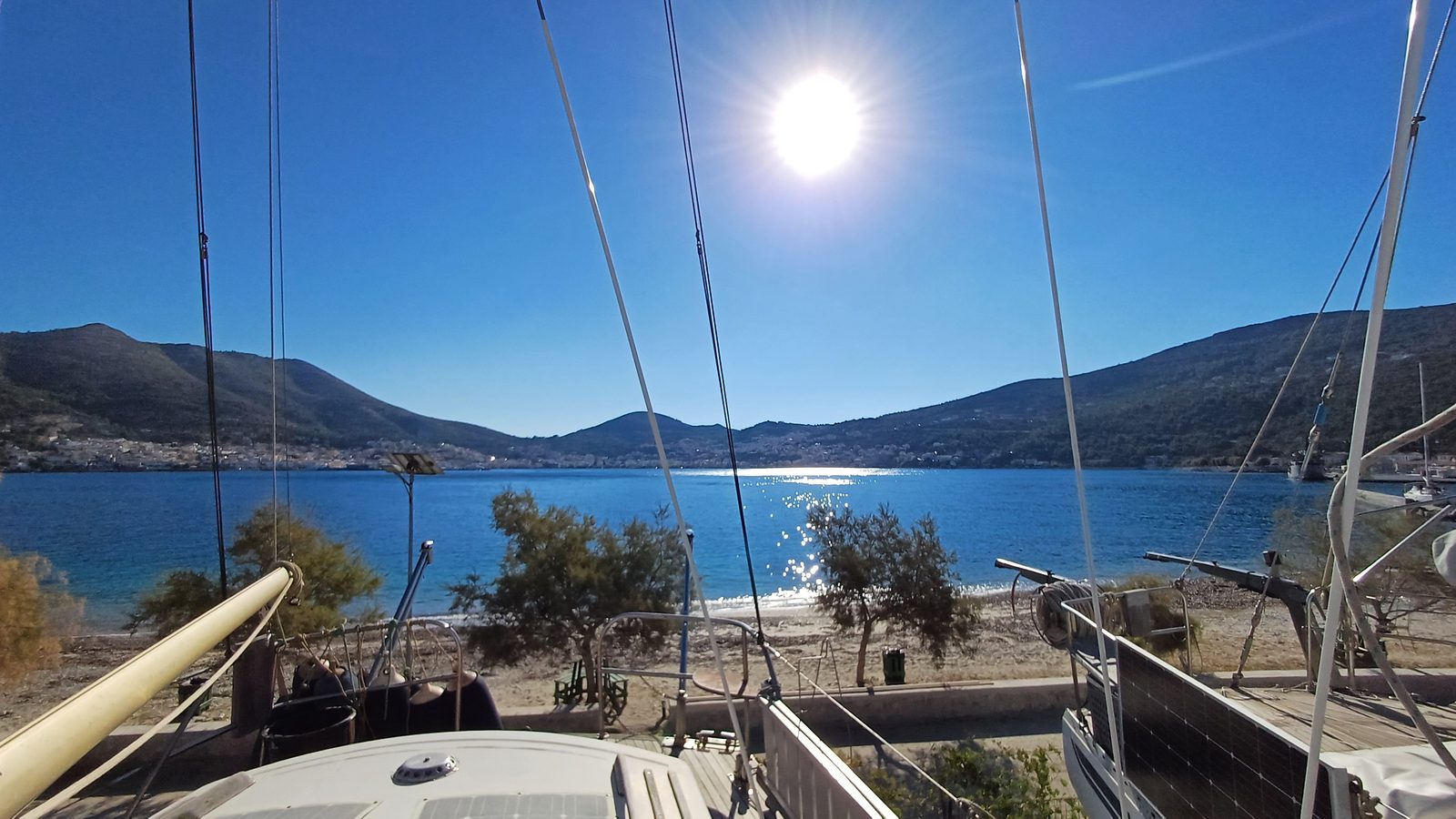 View of Vathy bay, Samos, from the deck of a sailboat