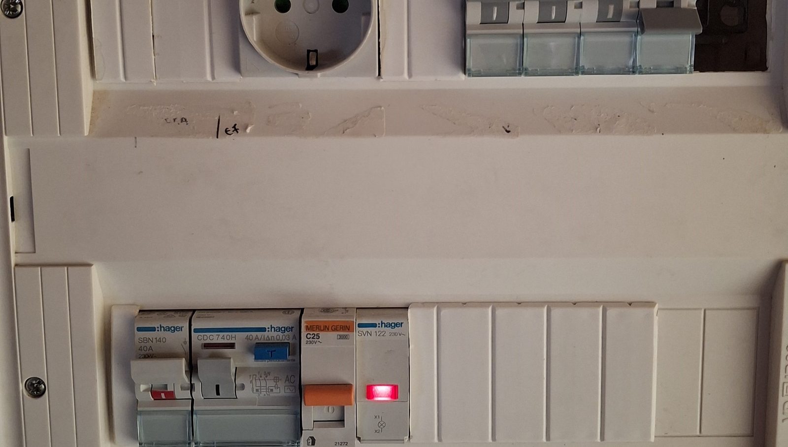 Finished electrical distribution board with breakers installed