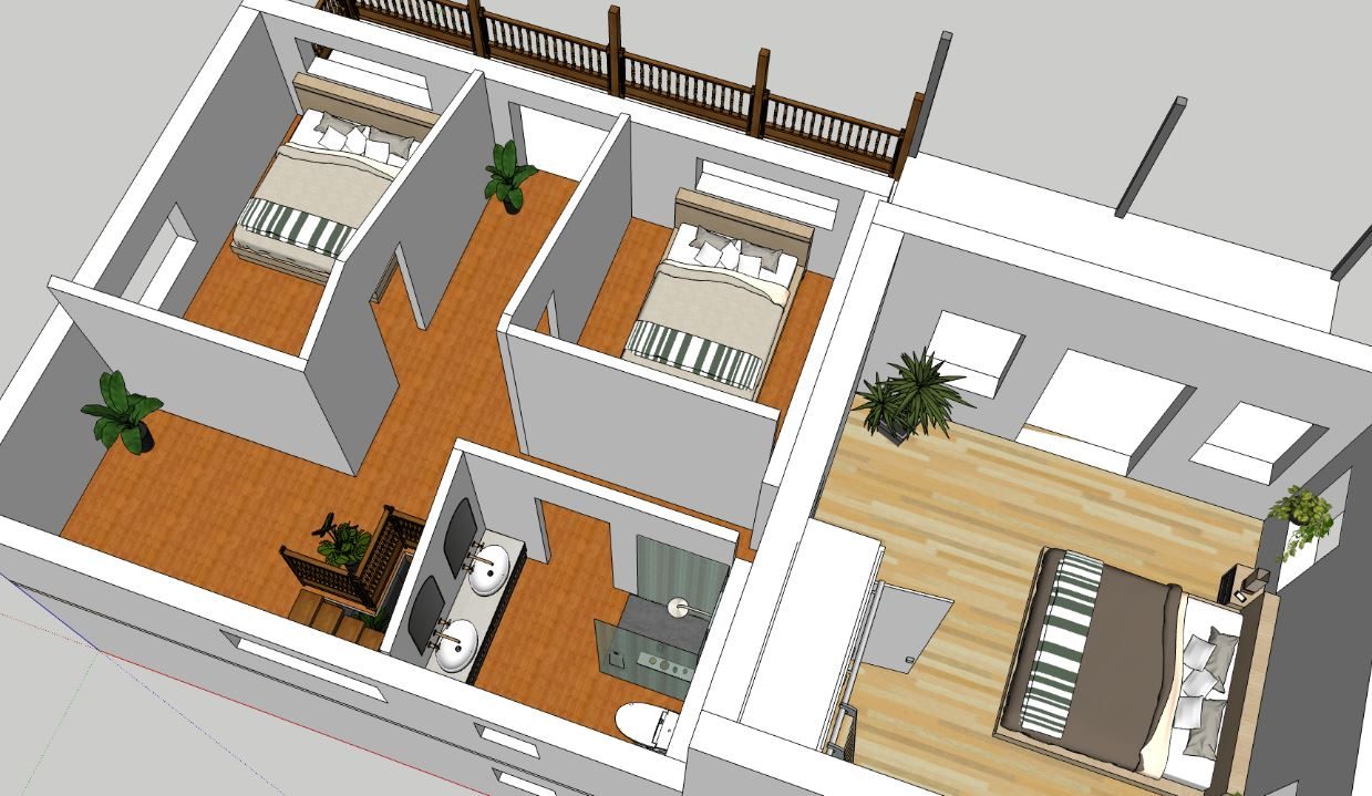 3D model of an interior floor plan with bedrooms and bathroom layout