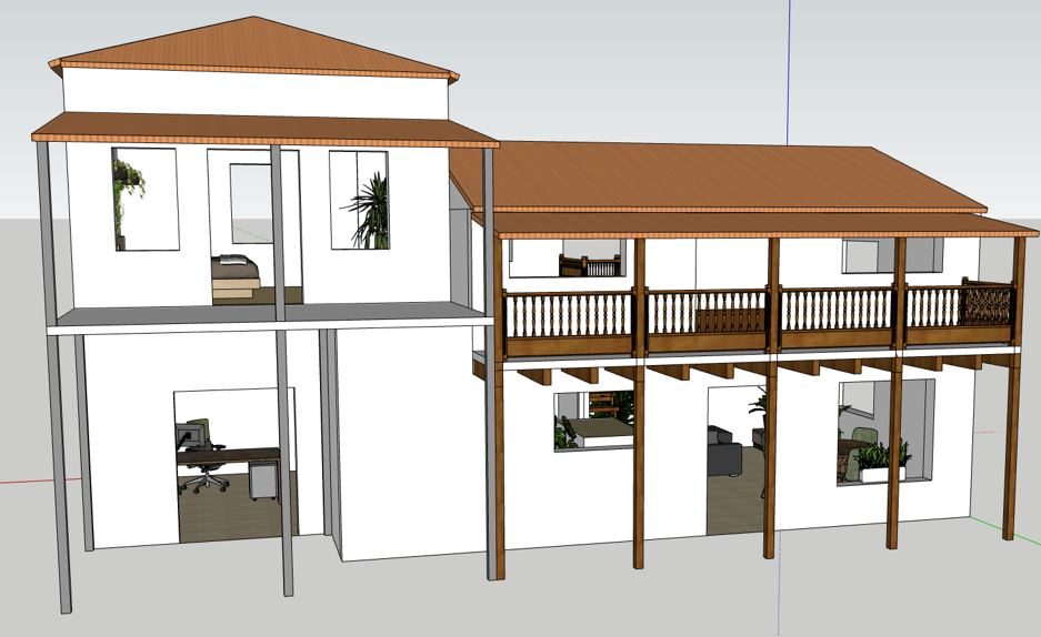 3D model of a house renovation with covered porch and balcony