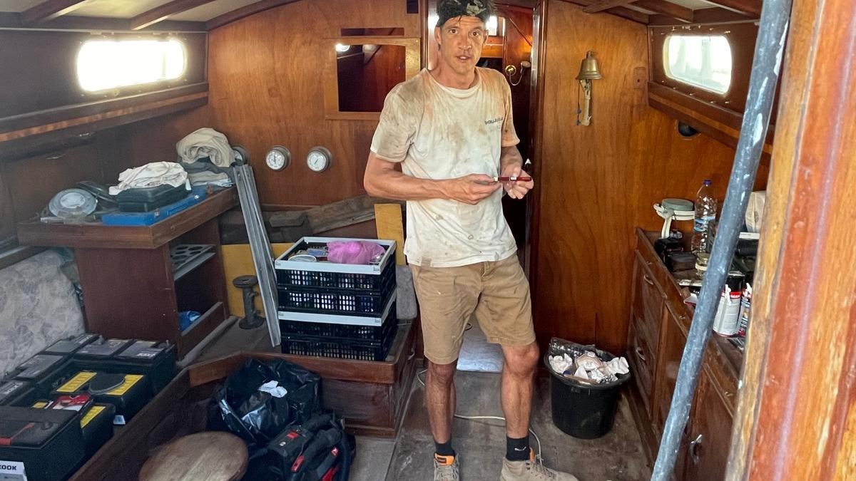 Interior of the Kon-Tiki sailboat during restoration